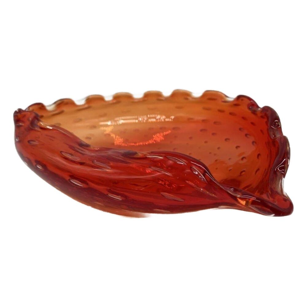 Vintage Amberina Glass Bullicante Leaf Shaped Trinket Dish